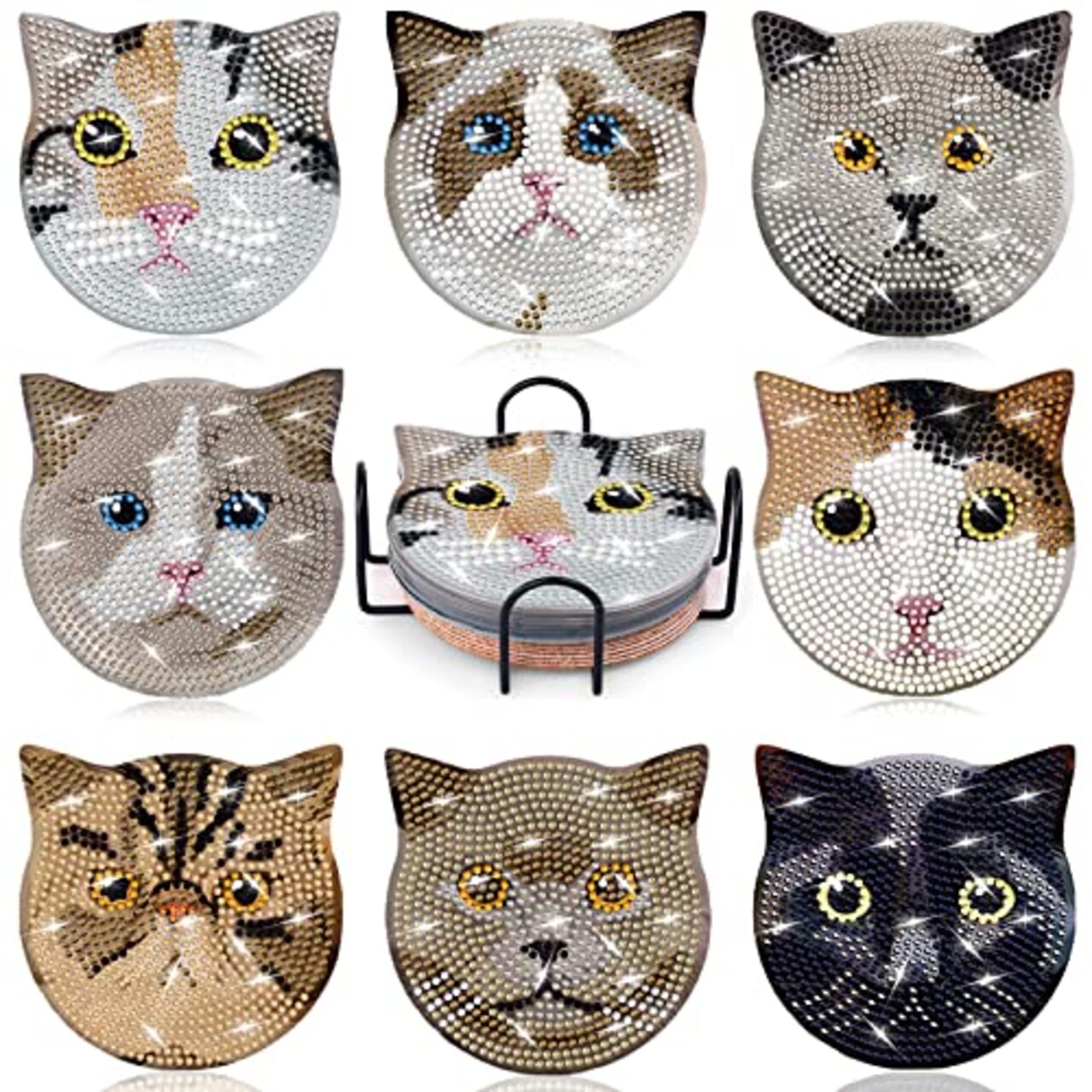 Billbotk 8 Pieces Diamond Painting Coasters Kit with Holder, Diamond Art Coasters, DIY Diamond Art Crafts Projects, Diamond Dotz Kits for Adults and Beginners(Cat Style)